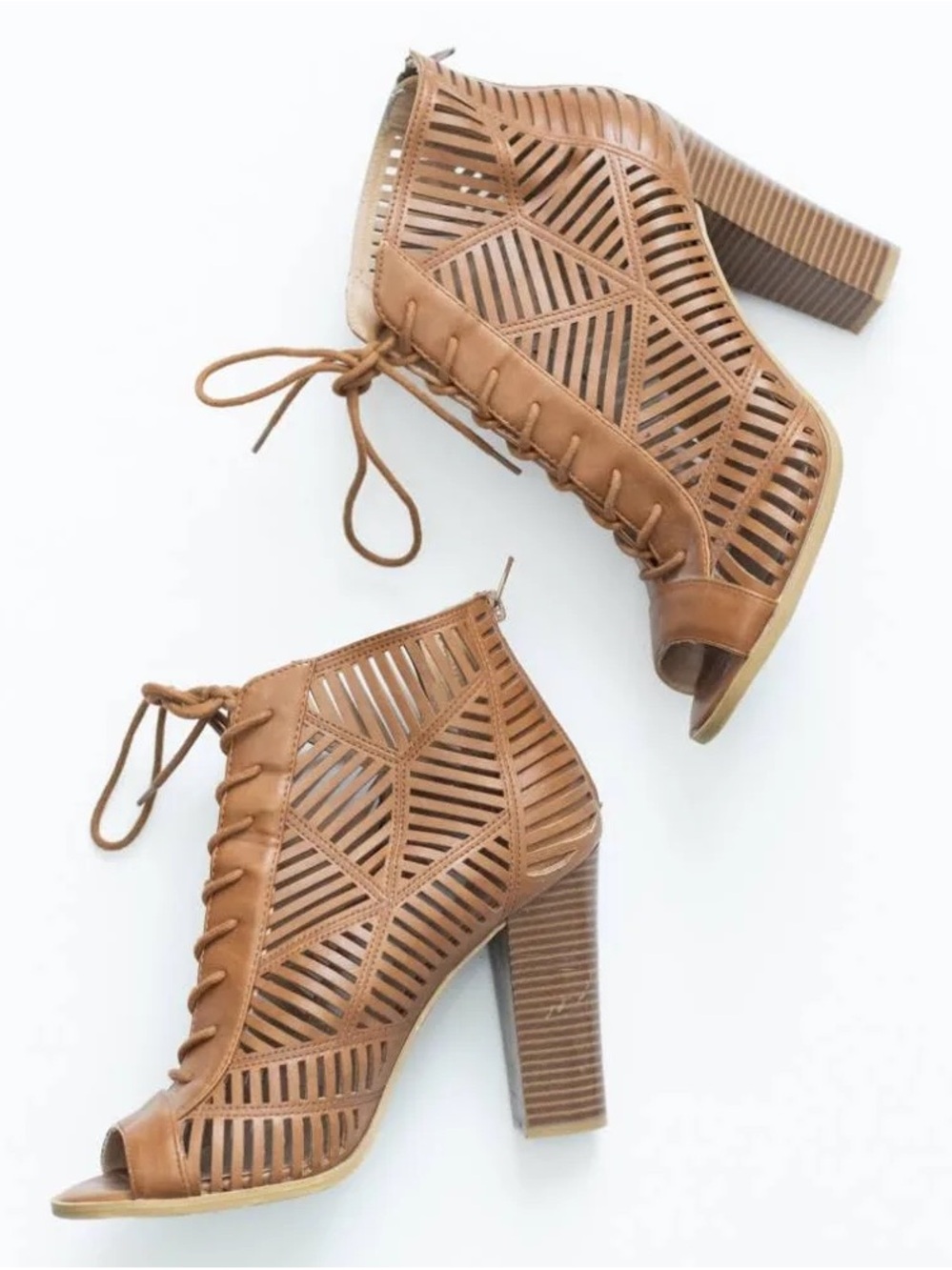Mix No. 6 Tan Cutout Lace-Up Peep Toe Booties